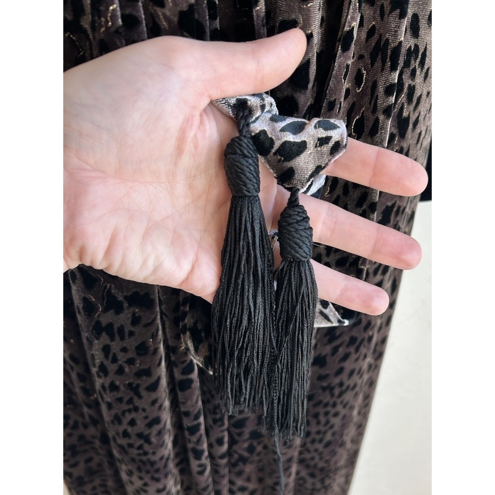 Vintage Diamond Tea Velvet Robe M Leopard Print Metallic Dressing Gown Tassels - Picture 7 of 12